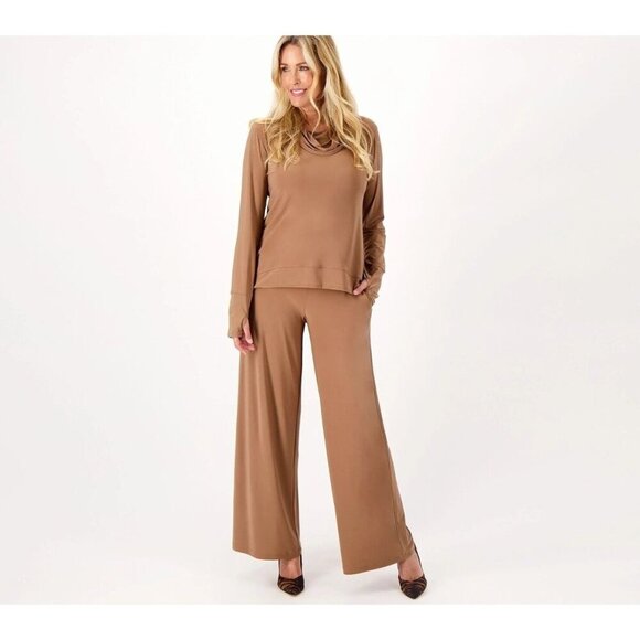 NWT Attitudes by Renee Como Jersey Over & Wide Leg Pants Set Sz XXS Mocha 2-Pc - Picture 1 of 12